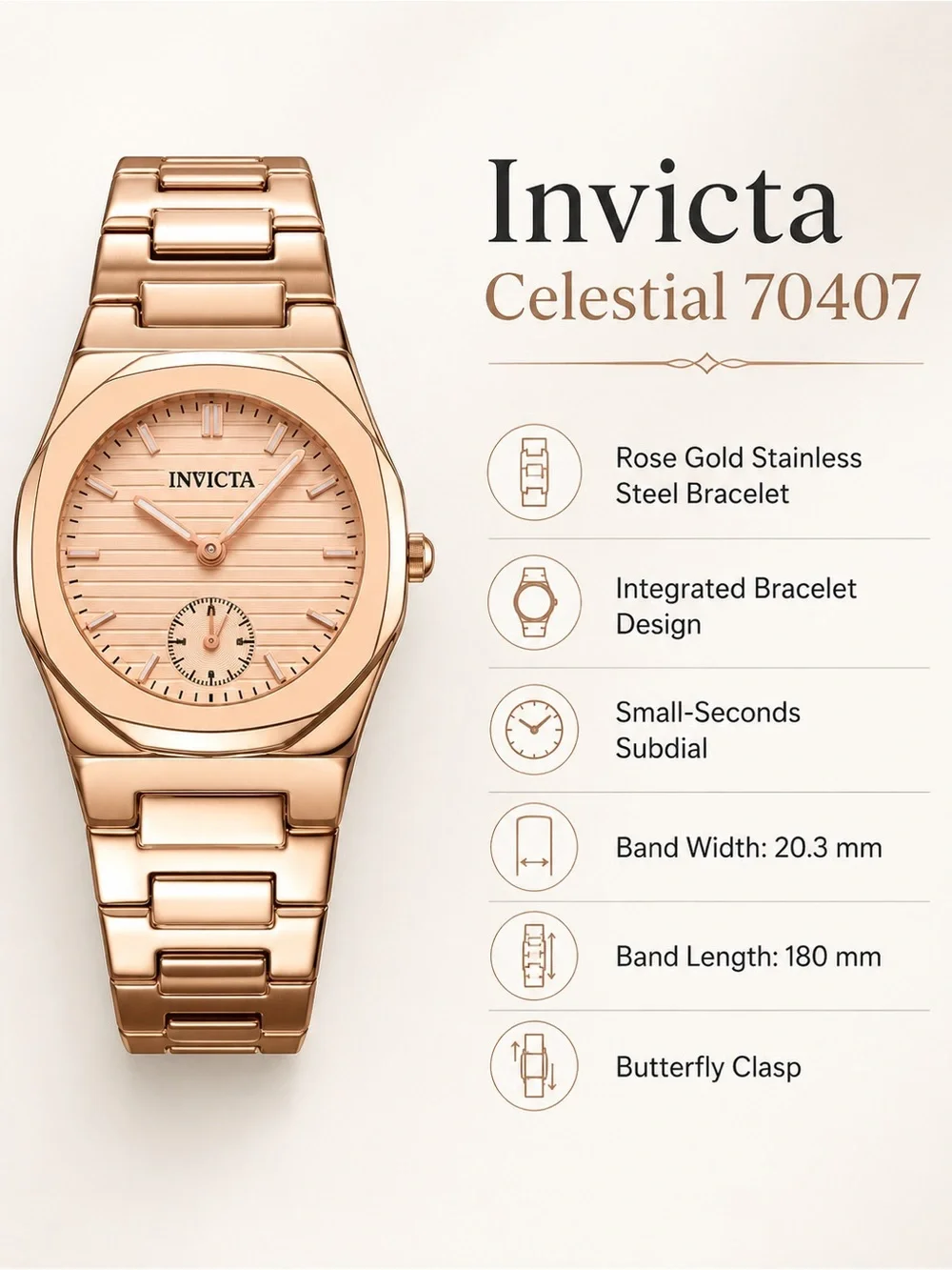 Invicta Celestial 70407 Rose Gold Stainless Steel Watch Small Seconds NIB